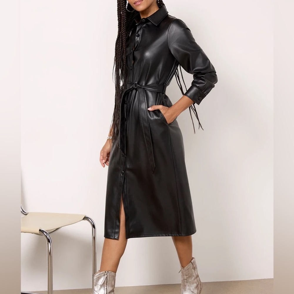 NWT Evereve Inez Vegan Leather Midi Dress Black Long Sleeve Belted Trench XS